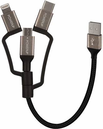 powerup stay charged Lightning Cable 2 A 0.125 m 3 in 1 Multiple Charging Cable 12cm With USB to Lightning, USB Type-C, Micro USB | MFi Certified Sync And Charge multiple USB Mini Charging Cable for SE 2020 - Black.