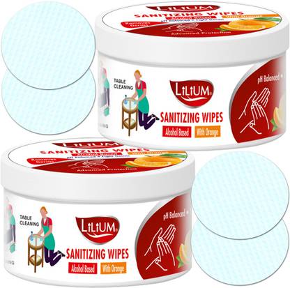 LILIUM 70% Alcohol Based Sanitizing Wipes, Orange (50 wipes x2) Wipes