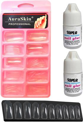AuraSkin 100pcs Transparent Artificial Nail Tips Best False Nails with 2pcs Strong Nail Glue Transparent