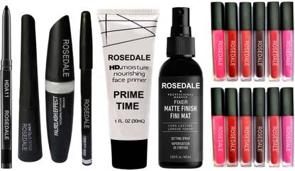 रोसडेल Water Proof HDA11 Essential Makeup Colossal Kohl Kajal & Aloe Focus Perfect Primer & Mist Base Fixer Spray & 3in1 Eyeliner , Mascara , Eyebrow Pencil & The Valentines Edition Set of 12 Liquid Matte Lipsticks