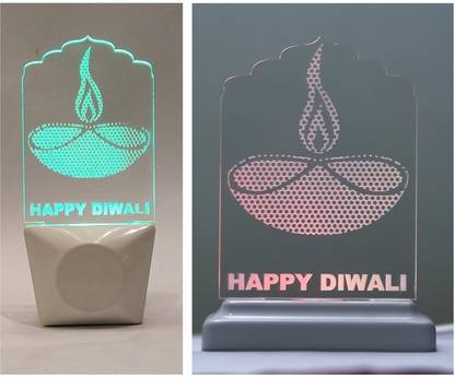 YONKER Pair Of 2 Night Lamps LED Acrylic Happy Diwali Diya / Diwa Night Lamp Color Changing LED Table Night Lamp and Plug In / 3D Night Lamp Decoration for Bedroom Table Lamp