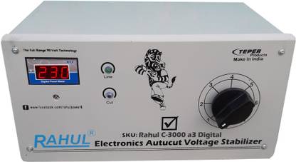 rahul C-3000 a3 Digital 3 Kva/12 Amp 90-260 Volt, Manual 8 Booster, Use a Maximum of 12 Amp Load, with 3 metar Input,Output+Load Metar With Over Load MCB, Mainline Digital Autocut Voltage Stabilizer