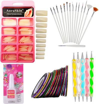 AuraSkin Best Quality Parlor Professional Nail Art Kit, 100* artificial nails, 5* Dotting Tools, 15*brush /set, 1* Brush On Glue, 12*Decorative Tape