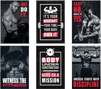 Gym posters - Set of 6 - Gym Posters Motivational - Gym Quotes Poster - Gym posters for wall – Bodybuilder, workout & Exercise poster for gyms Paper Print