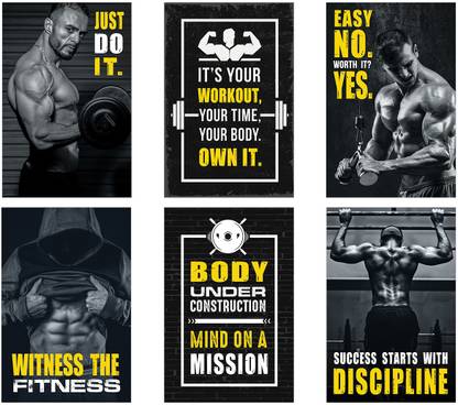 Gym posters - Set of 6 - Gym Posters Motivational - Gym Quotes Posters - Gym posters for wall – Bodybuilder poster, workout poster & Exercise poster for gyms Paper Print