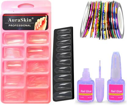 AuraSkin New Transparent 100pcs Multi size Artificial Nail Fake acrylic Nail Tips Best False Nails with 10ml Strong Nail Glue