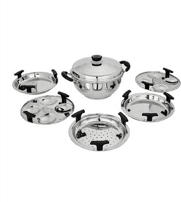 Viyasha Ojas Stainless Steel Idli maker 12 Pcs and 2 Dhokla/Momo plates Multi Kadai with 6 plates Standard Idli Maker
