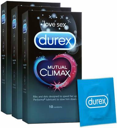 DUREX Mutual Climax Condoms for Men & Women - 10 Count (Pack of 3)|Extra Dotted and Ribbed for Pleasure | Performa Lubricant for Long Lasting Climax Delay|Suitable for use with lubes & toys Condom