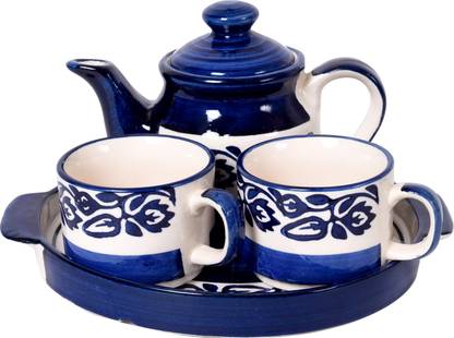 indian crafties Pack of 4 Ceramic Handmade Mughal Design Ceramic Tea Cups & Kettle Set with Tray(Set of 4)