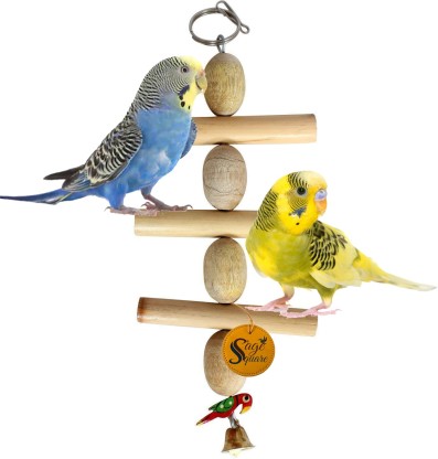 Natural Wooden Block Beads Hanging Bell Toy Bird Stand Swing for Parakeet Macaw African Grey Cockatoo Lovebird Finch Parrot Chew Toy