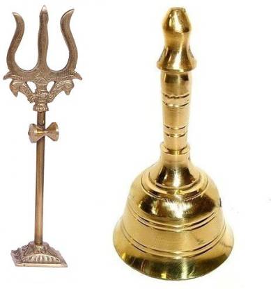 Utkarsh Combo Of Round Head Pooja Puja Bell Ghanti With Trishul,trident Damru with Stand Statue Brass