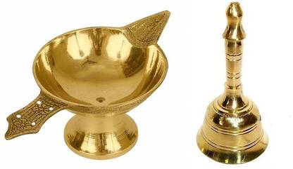 Utkarsh Combo Of Round Head Pooja Puja Bell Ghanti With Akhand Laxmi Deepak Pital Diya Brass