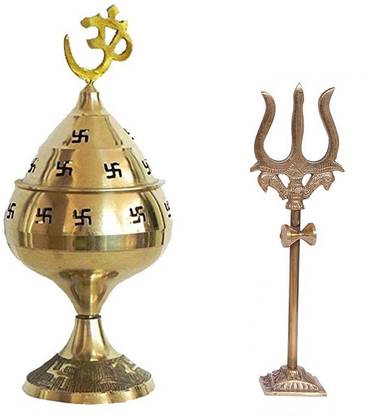 Uniqon Combo Of Trishul,trident Damru with Stand Statue With ( No.1 )Jali Akhand Jyoti Deep with Stand Brass