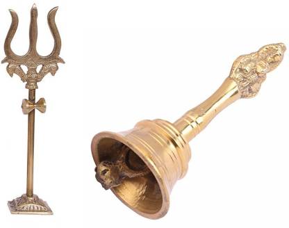 Stylewell Combo Of Nagpari Head Pooja Puja Bell Ghanti With Trishul,trident Damru with Stand Statue Brass