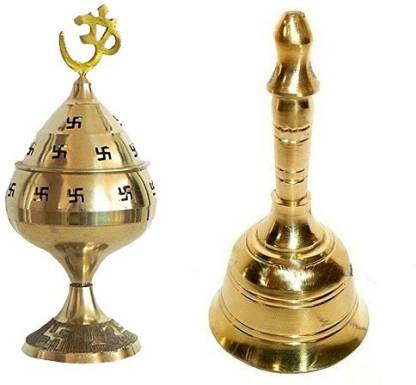 De-Ultimate 1 Pcs Round Head Pooja Puja Bell Ghanti, 1 Pcs ( No.1 )Jali Akhand Jyoti Deep with Stand Brass
