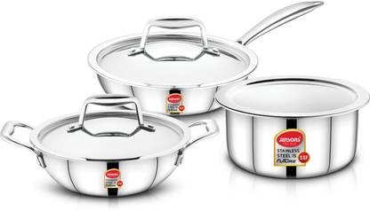 Jensons Smilla Triply 18/8 COMBO Food Grade Stainless Steel Kadai 20 cm/ Fry Pan 20 cm & 18 cm Patila with STAINLESS STEEL HEAVY LID Induction Bottom Cookware Set