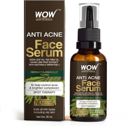 WOW SKIN SCIENCE Anti Acne Face Serum - Natural Neem Leaf Oil, Tea Tree Oil, Caviar Lime Fruit Extract - Spot Therapy - No Parabens, Silicones & Fragrance - 30 mL Glass Bottle