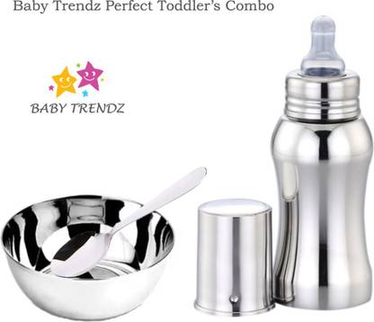 Baby Trendz Stainless Steel Baby 3Pc Dining Set (220ML Feeding Bottle, Feeding Bowl and Spoon)  - 304 Food Grade Stainless Steel