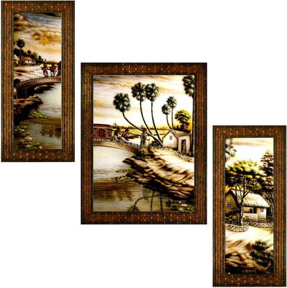 Indianara set of 3 village painting (2561) Digital Reprint 13 inch x 10.2 inch Painting