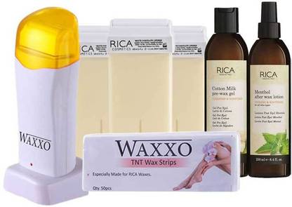 Rica White Chocolate Roll-On Waxing Starter Kit (Set of 3 Refill Wax, 1 Pre Wax Gel, 1 Post Wax Lotion, 1 Single Roll On Wax Heater, 1 TNT Wax Strips) - Made in Italy Wax