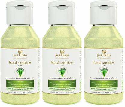 Just Herbs Hand Sanitiser - Lemongrass, Neem, Tulsi & Aloe Vera 100ml (Pack of 3) Hand Sanitizer Bottle