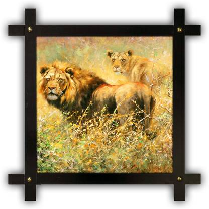 Poster N Frames Cross Wooden Frame Hand-Crafted with photo of lion 19049- crossframe Digital Reprint 16.5 inch x 16.5 inch Painting