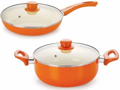 NIRLON Nirlon Ceramic Induction Cookware Set, 2-Pieces, Orange Induction Bottom Non-Stick Coated Cookware Set