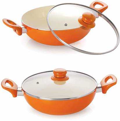 NIRLON Nirlon Ceramic Induction Nonstick Cookware Pots and Pans Utensil Set with Glass Lid (2 Piece) Induction Bottom Non-Stick Coated Cookware Set