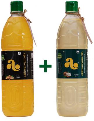 AISHWARYAM OILS Healthy Unrefined Wood Pressed Groundnut & Coconut Cooking Oil Combo (1 Litre Each) Coconut Oil Plastic Bottle