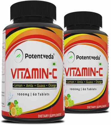 Potentveda Natural Vitamin C Chewable Tablets Amla Orange Lemon Guava Supplement 60 Pills