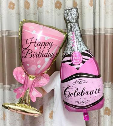 Bash N Splash Printed Happy Birthday Pink Champagne & Glass Party Foil Balloon (pack of 2) Balloon