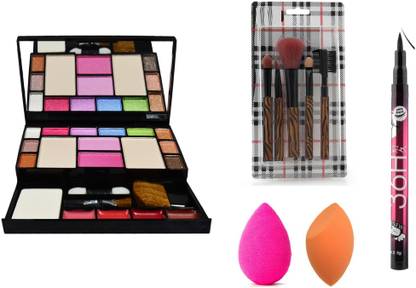 MY TYA Makeup Kit + 5 Piece Makeup Brush Set + 2 Blendor Puffs + Black Eye Liner