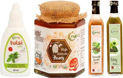 Nutriorg Immunity Booster Kit ( Immunity Booster juicxe 500 ml, Giloy with Amla juice 500 mlTulsi ark 30 ml, Certified Organic High Altitude Honey 500g) Combo