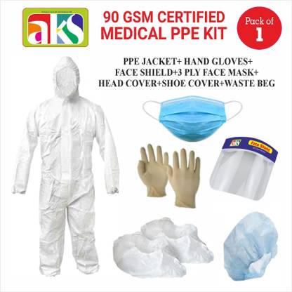 AKS BY. ARYAN ADVERTISING CERTIFIED 90GSM REUSABLE CLOTH MEDICAL PPE KIT (PPE JACKET+ HAND GLOVES+FACE SHIELD+3 PLY FACE MASK+HEAD COVER+SHOE COVER +WASTE BAG (PACK OF 1) Safety Jacket