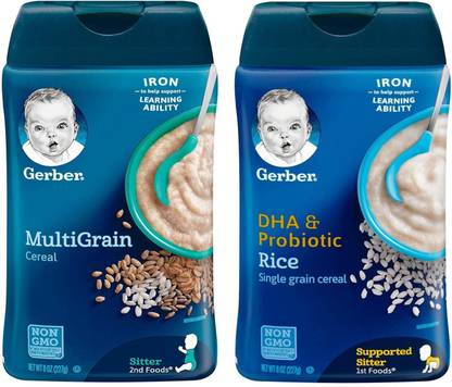 GERBER Cereal Combo (8oz) (Pack of 2) - DHA & Probiotic Rice Cereal + Multigrain Cereal - 227g Cereal
