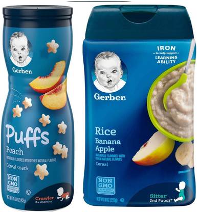 GERBER Cereal & Puffs Combo (Pack of 2) - Rice & Banana Apple Cereal + Peach Puffs Cereal