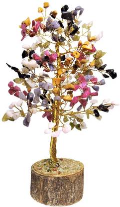 SATYAMANI Natural Multistone Golden Wire Tree 300 Dana Decorative Showpiece  -  25 cm