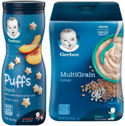 GERBER Cereal & Puffs Combo (Pack of 2) - Multigrain Cereal (16oz) + Peach Puffs Cereal