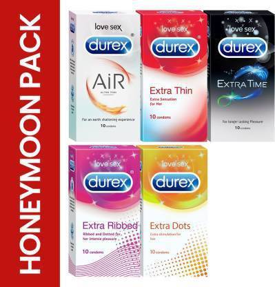 DUREX Honeymoon Pack - Condoms - 50 Units Condom (Set of 5, 50S) Condom