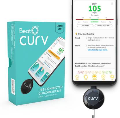 BeatO Curv Glucometer Kit with 10 strips - Micro USB Glucometer