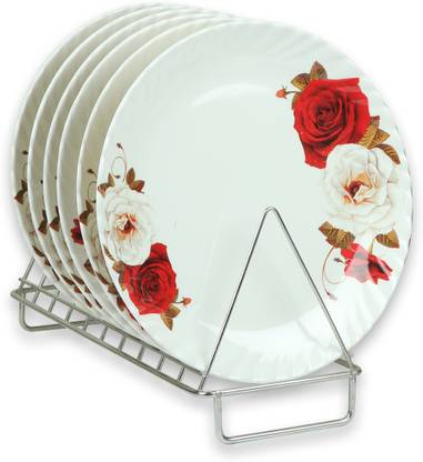 Golden Fish Melamine Red & White Roses Printed Full Size Round Dinner Plate (Set of 6; 11 Inches) Dinner Plate