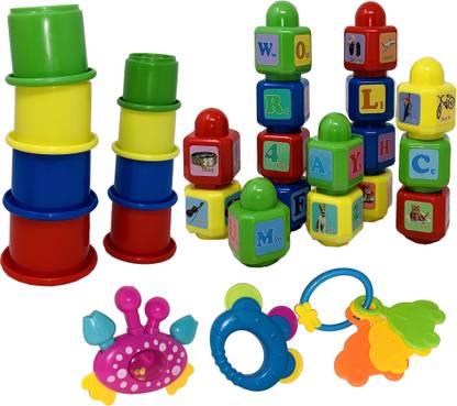 Giftary Pack Of 3 Baby Toys Staking Cups + Staking Toddler Cube Blocks With Alphabets, Numbers + Baby Teether Toys For Small Kids | Good Gifts For Small Children's | Early Age Educational Toys [3 Combo Baby Toy Offer]