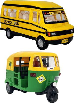 Giftary Pack Of 2 Small Size Made Of Plastic Indian Vehicle Miniature Toy Model Tempo School Van & Passenger Auto Rickshaw With Pull Back & Go Small Size Toys for Kid| Car Toy For Boys | School Van Toys for Babies | Use As Showpieces [2 Combo Offer] [Small Size Toys]