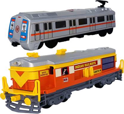 Giftary Pack Of 2 Small Size Made From Plastic Indian Train Miniature Toy Model Indian Railway Locomotive Train Engine & Metro With Pull Back & Go Small Size Toys for Kid| Train Toy For Boys | Metro Toys for Babies | Use As Showpieces [2 Combo Offer]