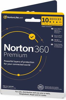 Norton 360 Premium 10 PC 1 Year Total Security (Physical Sleeve)  (Standard Edition)