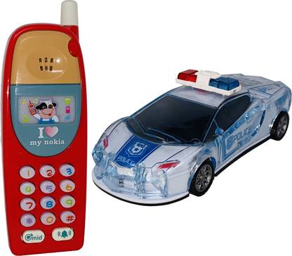 Miniature Mart Pack Of 2 Small Size Baby Mobile Phone With Animal Sound, Colorful Dazzling Lights, 20 Child Songs Mobile Toy for Small Babies + Small Police Car Toys With With Real police Siren & Lights for Babies|Phone Toys |Small Size Toys| Early Age Development Toys [2 Combo Offer][Small Size Toys]
