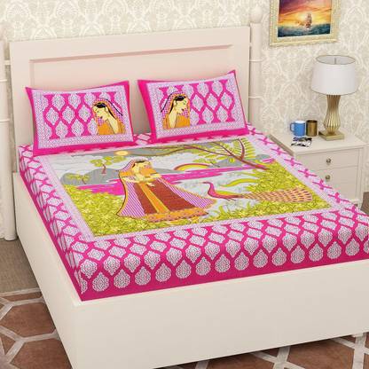 JAI LAXMI EXPORTS 144 TC Cotton Double Jaipuri Prints Flat Bedsheet