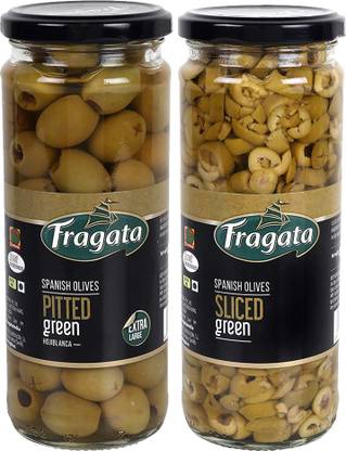 Fragata Pitted Green Olives 440g & Olives Sliced Green 450g Olives for Pizzas and Salads Olives