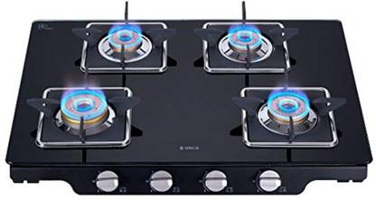 Elica 4 Burner with Square Grid and Forged Brass Burner (PATIO 469 BLK S SPF SERIES) Glass Manual Gas Stove