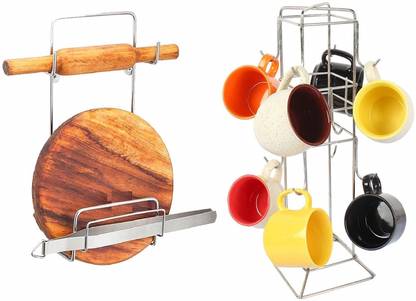 Shengshou Chakla/Belan Kitchen Rack Steel Kitchen Care Combo Chakla Belan Stand & Rectangular Cup Holder Stand